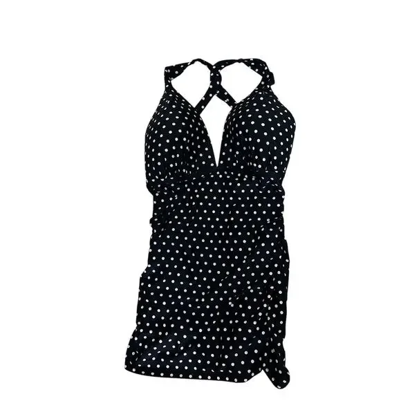 Lauren Ralph Lauren Black White Polka Dot Tummy Control Halter Swimdress 16 NWT - Picture 2 of 12